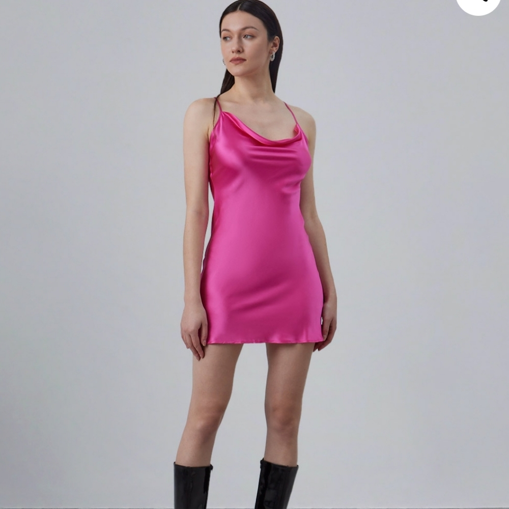 Lounge Cowl Neck Mini Silk Slip Dress (Hot Pink) - Silk Maison